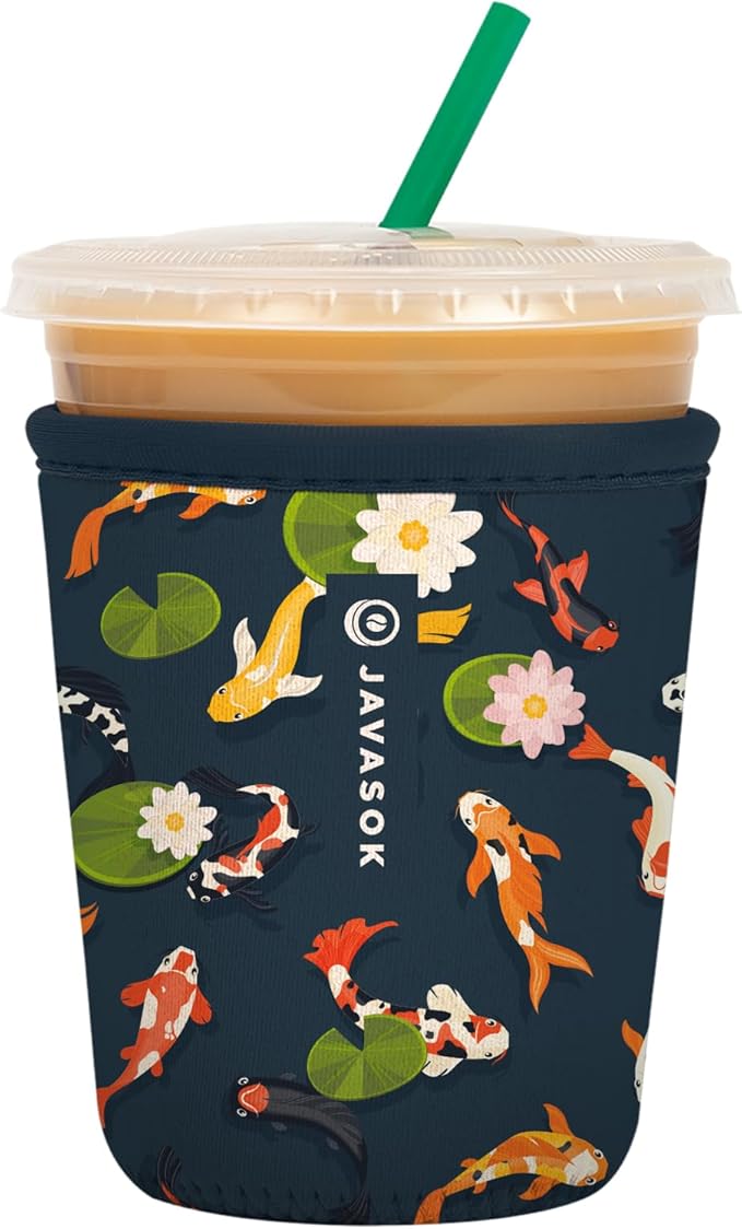 Sok It JavaSok Iced Coffee & Cold Soda Insulated Neoprene Cup Sleeve (Koi Garden, Small: 16-20oz)