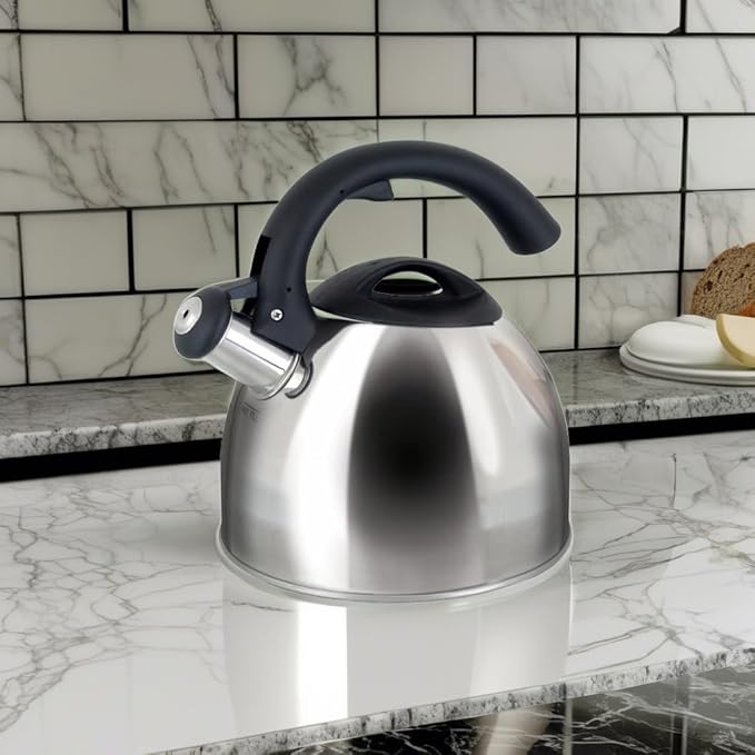 Mr Coffee Steamline 2 Quart Whistling Stainless Steel Tea Kettle with Black Handle