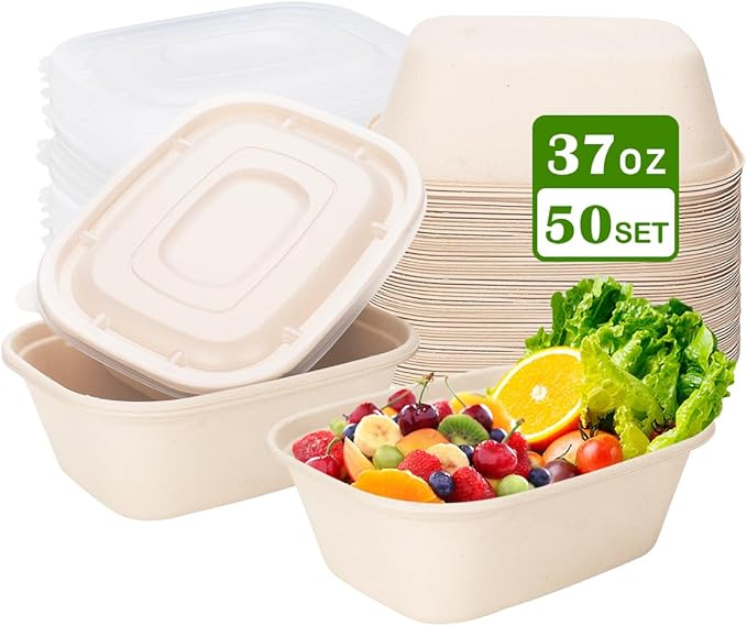 Aksipo 50 Pack 37 Oz Disposable Food Containers with Lids, Compostable Meal Prep Containers with Lids, Leak-proof To Go Food Box Cardboard Take Out Lunch Box Rectangle Paper Bowls for Salad,Leftovers