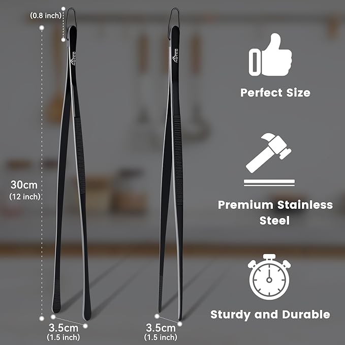 HOTEC Kitchen Tweezers Tongs Stainless Steel Professional Chef Tweezers, Set of 2-12inch Extra-Long Food Tongs for Cooking,Grill and Baking