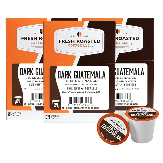 Fresh Roasted Coffee, Dark Guatemala Huehuetenango, Dark Roast, 72 Pods for K Cup Brewers