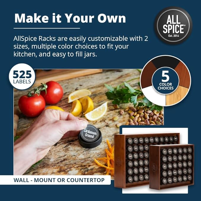 AllSpice Spice Rack Organizer, Wood, 525 Unique Labels, Countertop or Wall Mount, Includes 60 4oz Jars- Walnut Stain