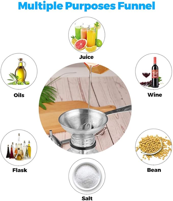 Stainless Steel Funnels, 3 in 1 Metal Kitchen Funnels for Filling Bottle with Handy Handle for Transferring Essential Oils, Liquid, Fluid, Dry Ingredients & Powder, Durable and Dishwash