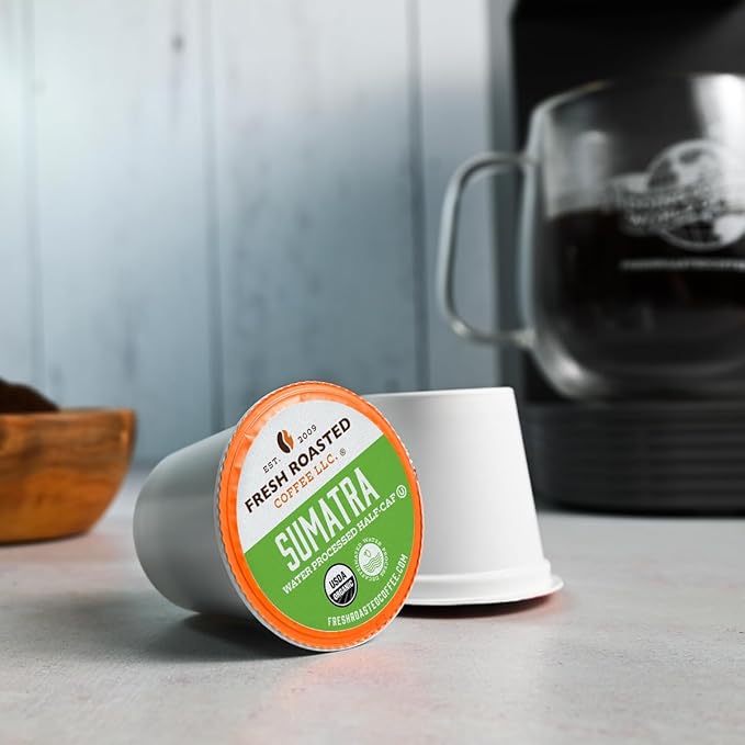 Fresh Roasted Coffee, Organic Sumatra Water-Processed Half-Caf | 100% Single Origin, USDA Organic, Kosher | Medium Roast K-Cup Compatible | 24 Pods