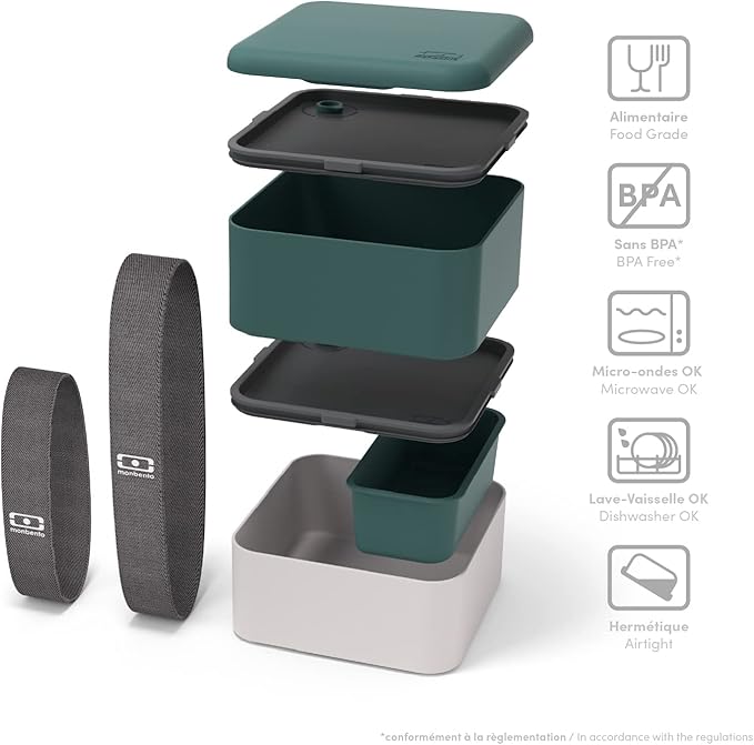 monbento - Large Bento Lunch Box MB Square green Pine/gray Coton with Compartments - Leakproof Lunch Box for Work/Picnic/Meal Prep - BPA Free – Microwave & Dishwasher Safe - Green & Gray