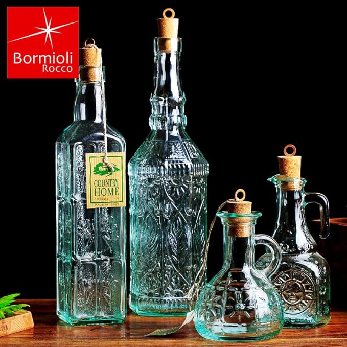 Bormioli Rocco Set Of 2 Country Home Olivia Oil Bottle, 7-ounce Cruet With All Natural Cork Lid, Blue-green Tinted Star Glass, Elegant And Floral Design, Made In Italy.
