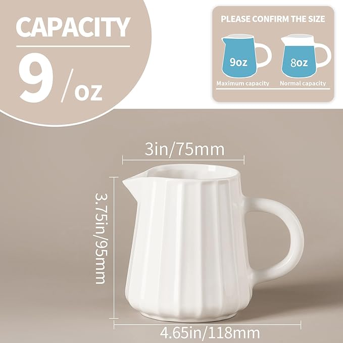 Gurygo Wave Shaped 9 Oz Classic White Creamer with Handle - Small Creamer Pitcher - Fine Porcelain Ceramic Pitcher for Coffee Milk Sauces Salad, Microwave & Freezer Safe