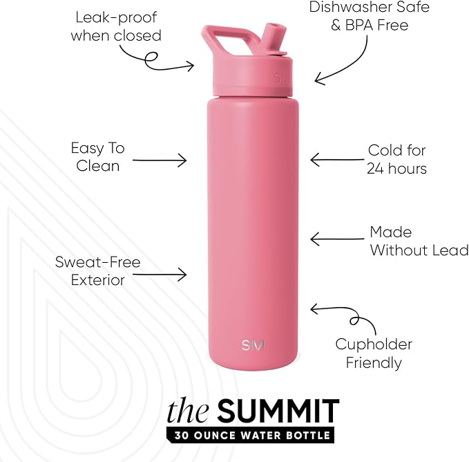 Simple Modern Water Bottle with Straw Lid | Vacuum Insulated Stainless Steel Metal Thermos | Reusable Leak Proof BPA-Free Flask for Sports Gym | Summit Collection | 30oz, Velvet Pink