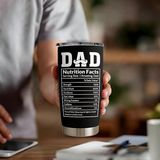 SANDJEST Tumbler Gifts for Dad from Daughter, Son - Dad Nutrition Facts 20oz Stainless Steel Insulated Coffee Travel Mug Christmas, Birthday, Father's Day Gift