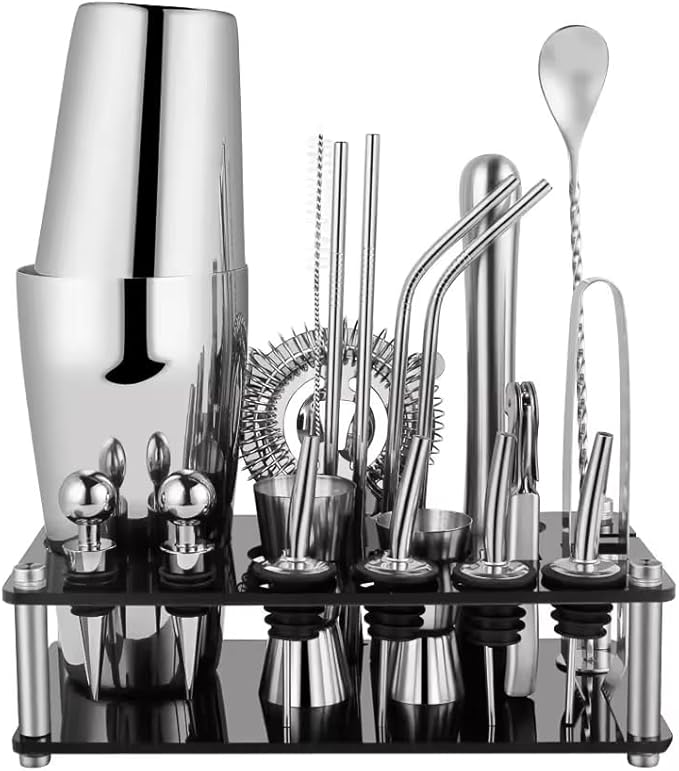 Bartender Cocktail Mixing Kit, Silver Barware Set, Professional Bar Tools with Bottle Opener and Shaker