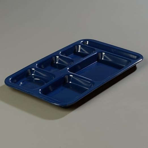 Carlisle FoodService Products Plastic Meal Tray Righ-Handed Heavyweight Lunch Tray with 6-Compartments for Schools, Cafeterias, and Dining Halls, Melamine, 15 x 9 Inches, Dark Blue