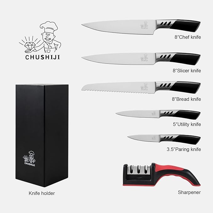 knife set.7piece kitchen knives block set with sharpener.Premium Stainless Steel Cooking Knife Set for Chef,Hardwood Kitchen black Knife Set .Dishwasher Safe Knives Sets for Kitchen.
