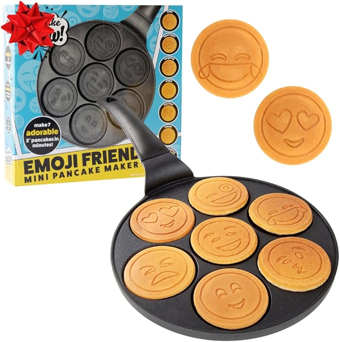 Emoji Mini Pancake Pan- 7 Unique Flapjack Smiley Faces for Kids, Nonstick Pan Cake Maker Stovetop Griddle for Easy Cleanup, Long Handle for Easy Holding, Breakfast Gift- Officially Licensed by Emoji