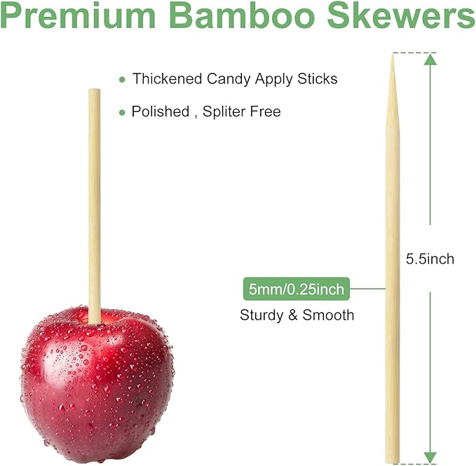 Bamboo Candy Apple Skewer Sticks Semi Pointed, 5mm 5.5inch Cotton Rock Candy Caramel Lollipop Sticks, Natural Wooden BBQ Barbecue Skewer for Corn Dog 200 PCS