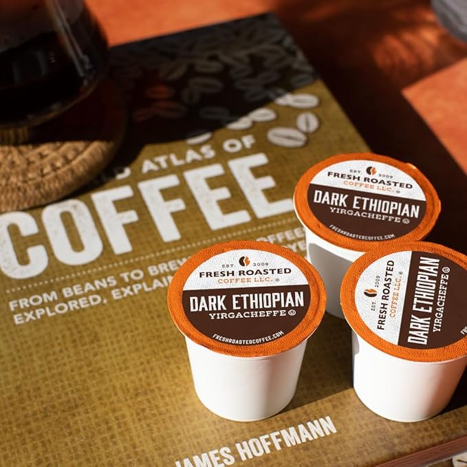Fresh Roasted Coffee, Dark Ethiopian Yirgacheffe Kochere, Dark Roast, 24 Pods for K Cup Brewers
