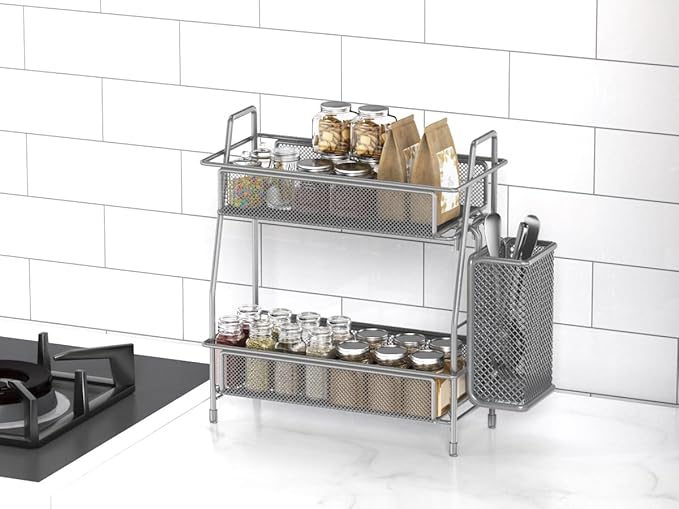 LEMIKKLE Spice Rack Organizer for Kitchen Counter, Spices Organizer and Storage Seasoning Organizer for Cabinet, Kitchen Metal Countertop Organizer with Side Basket (Grey)