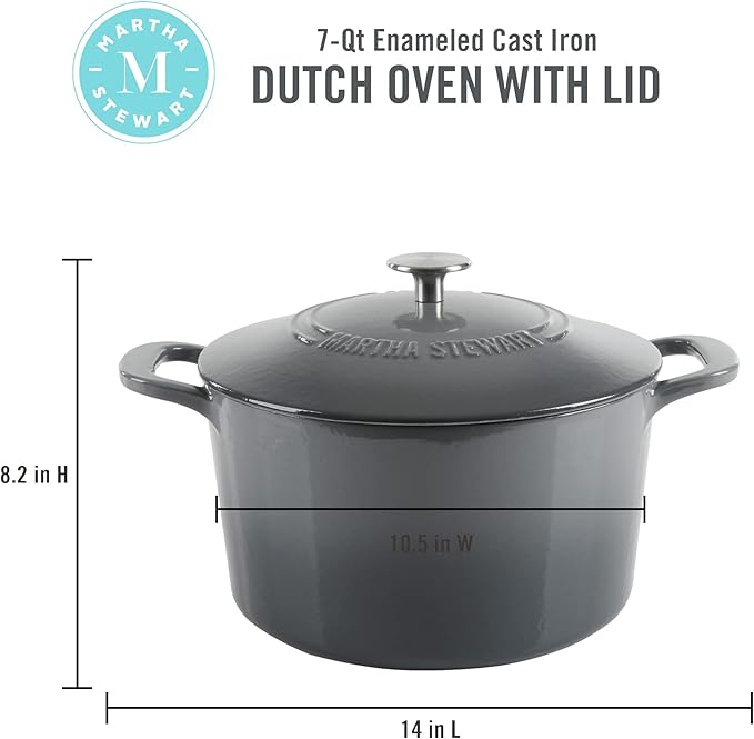 MARTHA STEWART Gatwick 7-Quart Enamel Cast Iron Dutch Oven – Classic Grey – Durable Heavy-Duty Dutch Oven for Slow Cooking, Braising & Baking