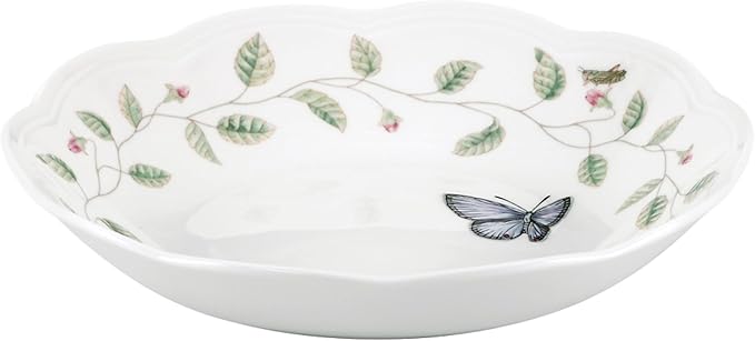 Lenox Pasta Bowls, 20oz Butterfly Meadow Pasta Bowl Set of 4, Service For 4, Porcelain, White Serving Bowls, Wide, Shallow, Lenox Butterfly Meadow Collection, Dishwasher/Microwave Safe (White 4-Piece)
