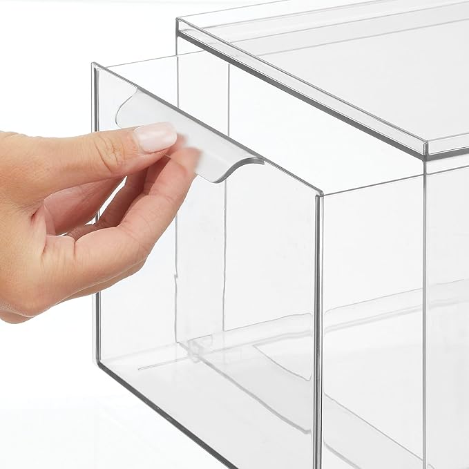 mDesign Plastic Pantry Organization and Storage Bin w/Pull Out Drawer - Stackable Kitchen Supplies Storage Container for Organizing Cabinet, Fridge, Freezer - Lumiere Collection - 4 Pack, Clear