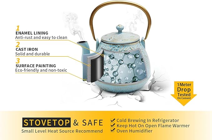 Tea Kettle, TOPTIER Japanese Cast Iron Tea Kettle with Infuser for Loose Leaf and Tea Bags, Stovetop Safe Cast Iron Teapot Coated with Enameled Interior for 40 oz (1200 ml), Turquoise Blue