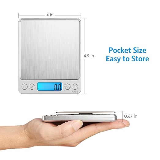 AMIR Digital Kitchen Scale, 3000g 0.01oz/ 0.1g Pocket Coffee Scale, Mini Food Scale, Pro Electronic Jewelry Scale with Back-Lit LCD Display, Tare & PCS Functions, Stainless Steel, Batteries Included