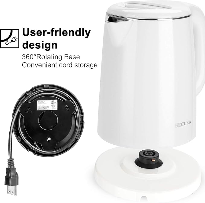 Secura Stainless Steel Double Wall Electric Kettle Water Heater for Tea Coffee w/Auto Shut-Off and Boil-Dry Protection, 1.0L (White) SWK-1001DW/HB-K012