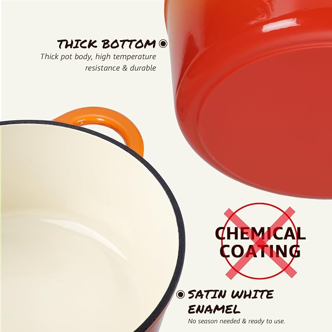 Overmont Enameled Cast Iron Dutch Oven - 4.5QT Pot with Lid Cookbook & Cotton Potholders - Heavy-Duty Cookware for Braising, Stews, Roasting, Bread Baking orange