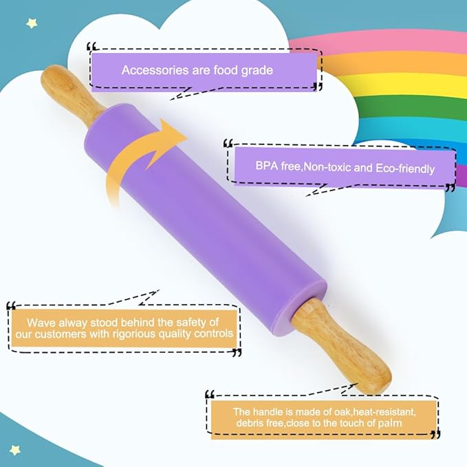 Koogel Rolling Pin for Baking, 12 Inch Non-Stick Silicone Surface, Wooden Handle Rolling Pin for Baking Pies, Pastry, Cookies, Kitchen Essential