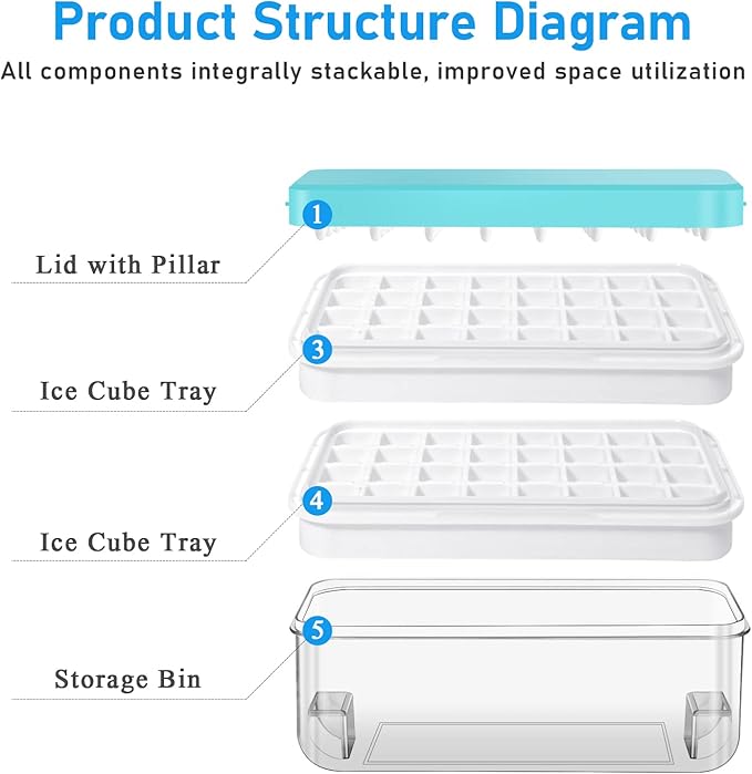 Silicone Ice Cube Tray for Freezer 64 Nuggets Ice Tray with Lid and Storage Bin Stackable Easy Release Ice Container with Scoop for Cocktail Whisky Coffee