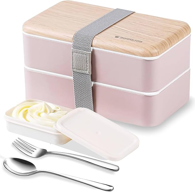 Original Bento Box Lunch Box Japanese Style 2 Layer Food Containers with Utensils Spoon and Fork Bundle Divider Salad Box for Men Women(Pink)
