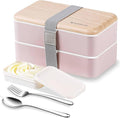Original Bento Box Lunch Box Japanese Style 2 Layer Food Containers with Utensils Spoon and Fork Bundle Divider Salad Box for Men Women(Pink)