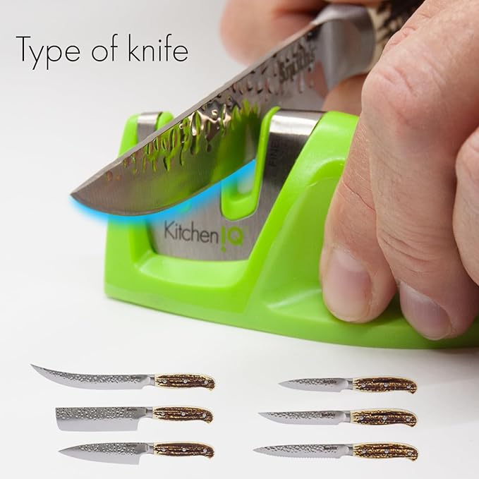 KitchenIQ 51422 | Edge Grip 2-Stage Knife Sharpener | Green – 3 Pack | Coarse & Fine Sharpener | Compact for Easy Storage | Stable Non-Slip Base | Soft Grip Rubber Handle | Straight & Serrated Knives