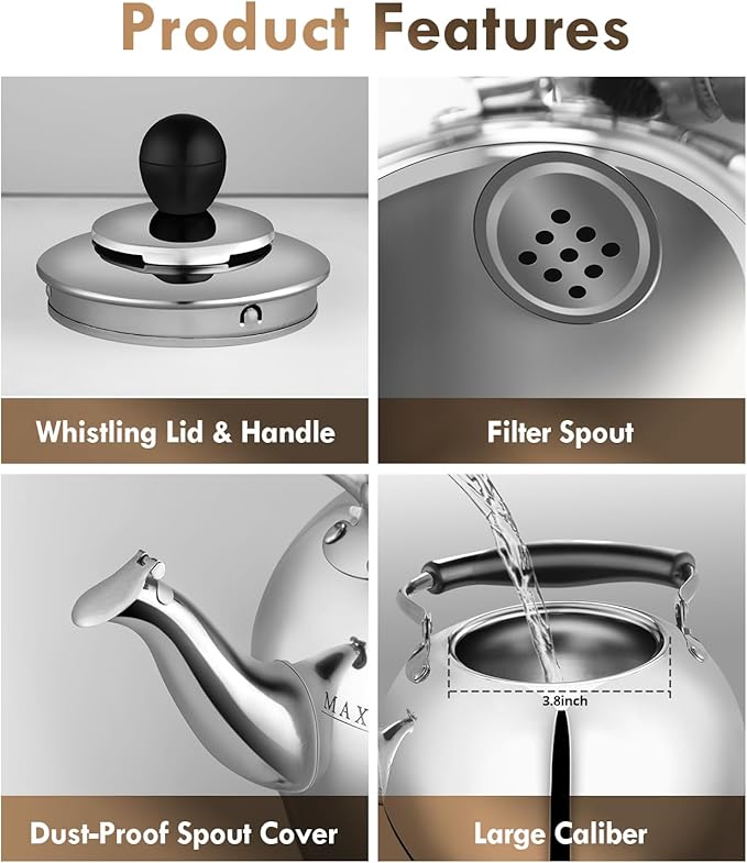 Dclobtop Whistling Tea Kettle Stovetop - 2.3 Quart Round Tea Pot for Stovetop, Silver Mirror Polished Classic Stovetop Kettle, Food Grade Material Teapot for Stove Top