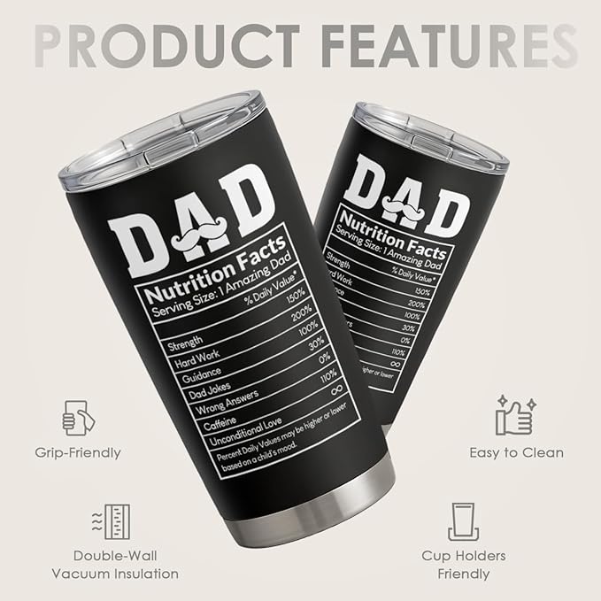 SANDJEST Tumbler Gifts for Dad from Daughter, Son - Dad Nutrition Facts 20oz Stainless Steel Insulated Coffee Travel Mug Christmas, Birthday, Father's Day Gift