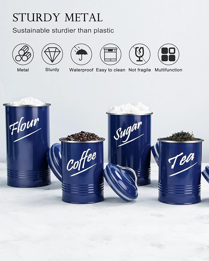 Hillbond Kitchen Canister Sets for Countertop Food Storage Containers Stainless Steel with Powder Coated Decorative Metal Storage Jars for Kitchen Counter Set of 4 (Navy Blue)