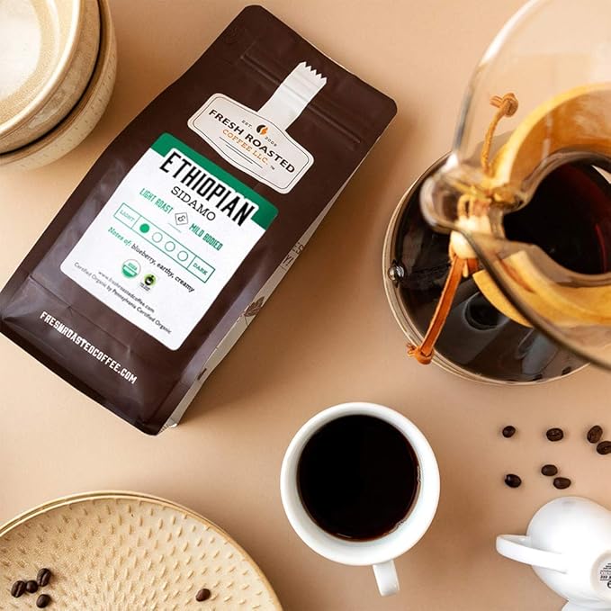 Fresh Roasted Coffee, Organic Ethiopian Sidamo | Fair Trade, USDA Organic, 100% Single Origin, Kosher | Light Roast 2 lb (32 oz) Whole Bean