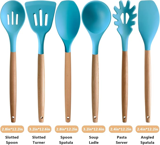 Kitchen Utensils Set 6-Piece Non-Stick Silicone Cooking Utensils Set, Wood Handle Heat Resistant Spatula Spoon Turner Ladle Pasta Server Cooking Kitchen Gadgets BPA Free for Nonstick Cookware