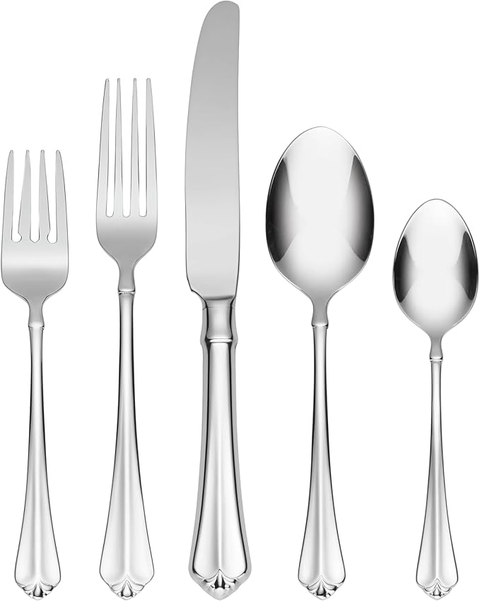Oneida Silverware Set For 8, Juilliard 45-Piece Fine Flatware Set with Serving Utensils, Service For 8, 18/10 Stainless Steel, Mirror Finish, Dishwasher Safe,Knives Spoons & Forks Set(Silver 45 Piece)