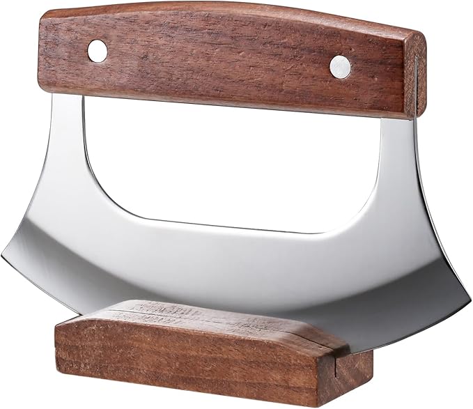 Ulu Knife - Sharp Rocker Mezzaluna Knife with Stand for Cutter Pizza, Meat, Vegetables, Herb, Salad, Stainless Steel Blade, Walnut Wood Handle, Kitchen Essentials Accessories and Gadgets Tools