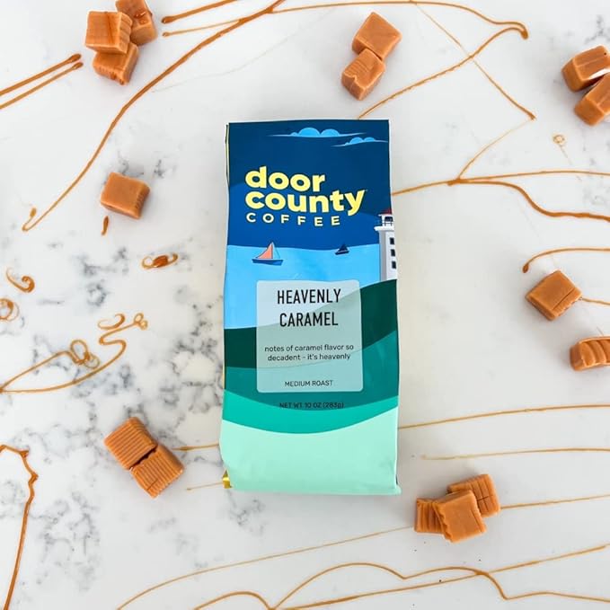 Door County Coffee Heavenly Caramel Flavored Ground - Medium Roast - 10 oz Bag - 100% Specialty Grade 1 Arabica