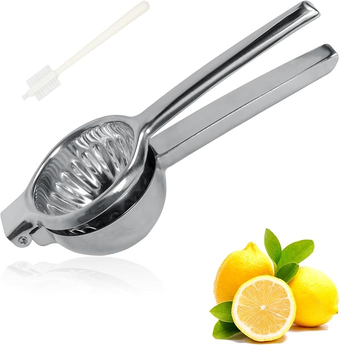 Lemon Squeezer Juicer for Lime and Lemon, Heavy Duty 304 Stainless Steel Manual Juicer with Large Bowl, Ergonomic Handle, Dishwasher Safe, with Cleaning Brush
