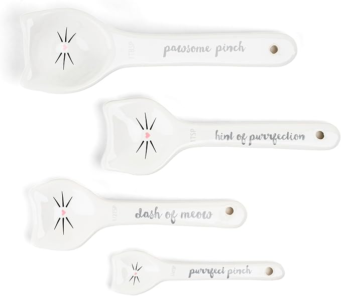 White Cat Measuring Cups & Spoons Gift Set – Ceramic Kitchen Tools for Cat Lovers & Bakers – 4 Measuring Cups and 4 Measuring Spoons – Unique Gift for Kitchen, Baking, and Cat Lovers