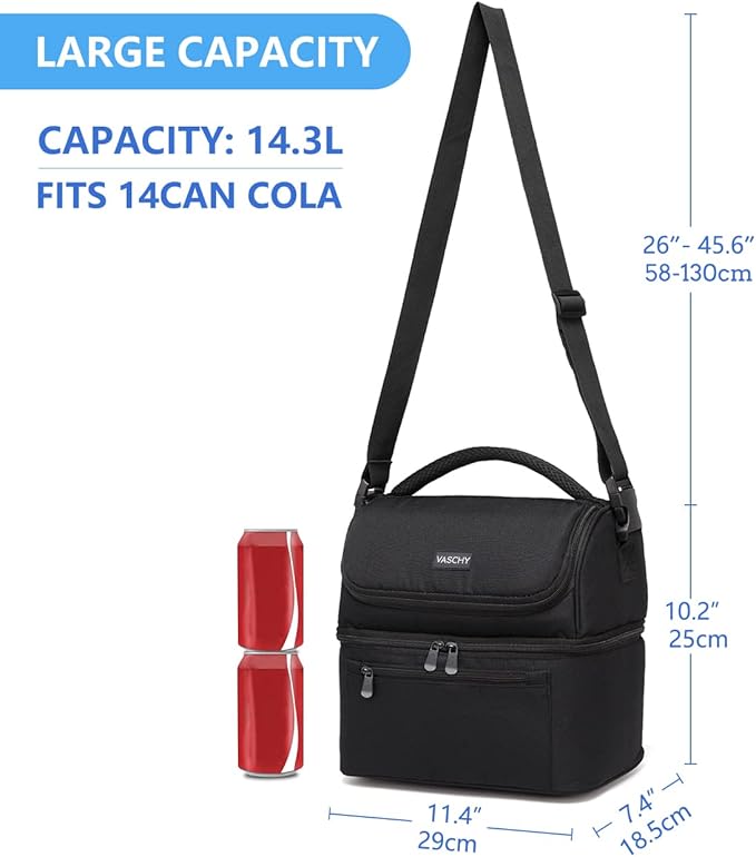 Vaschy Lunch Bag for Men and Women - 8L Capacity, Water Resistant, with Shoulder Strap and Carry Handle, Black