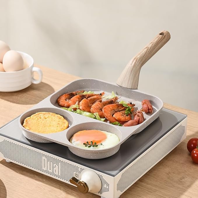 CLANK 3-in-1 Nonstick Omelet Pan with Divided Nonstick Griddle, Multi-Function Breakfast Pan/Pancake Pan for Gas and Induction Cooktops, White Granite Texture