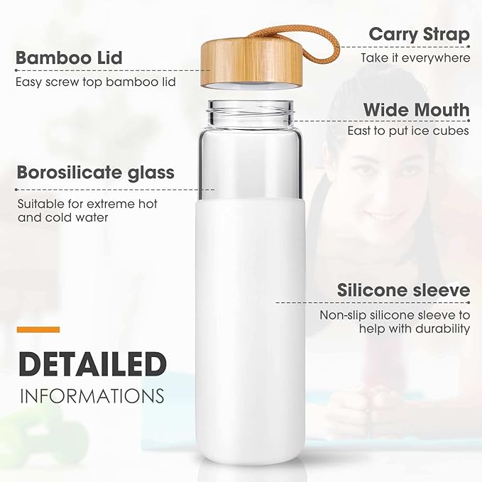 25 Oz Borosilicate Glass Water Bottles with Silicone Sleeve BPA Free, Dishwasher Safe - Reusable Clear Glass Drinking with Leak Proof Bamboo Lid | Perfect Gym Water Bottles for Men & Women