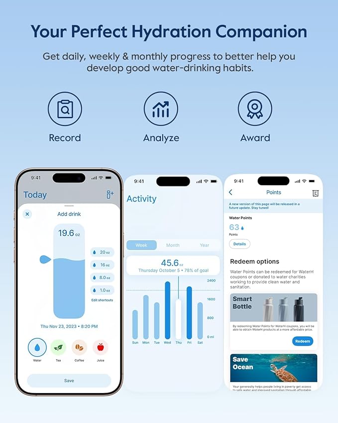 Boost Smart Water Bottle that Reminds You to Drink, 24oz BPA-Free Stainless Steel Vacuum Insulated Bottle, Wide Mouth Water Tracker Bottle with APP, Ideal Gift for Christmas, Thanksgiving Day