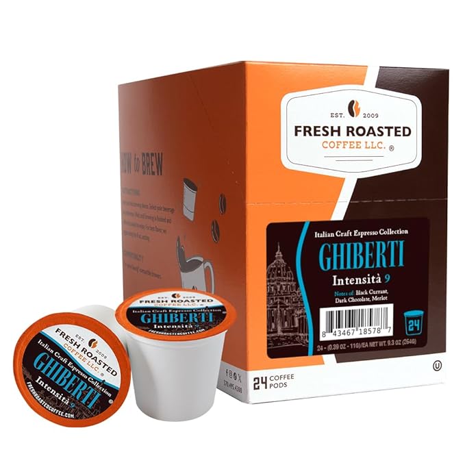 Fresh Roasted Coffee, Ghiberti Italian Craft Artisan Blend, Dark Roast, Kosher, 24 Pods for K cup Brewers