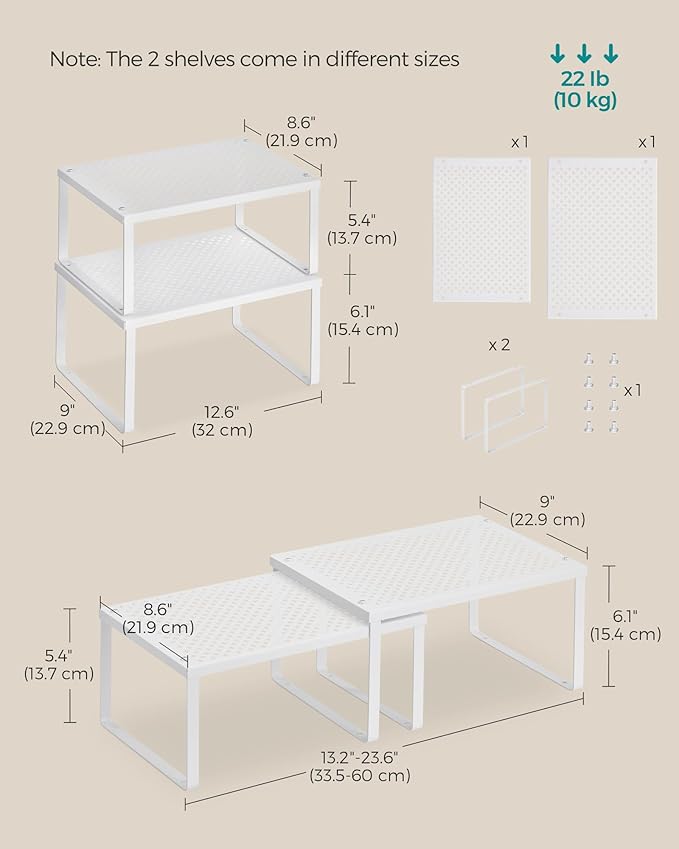 SONGMICS Spice Racks, Set of 2 Metal Cabinet Shelf Organizers, Countertop Organizers, Shelf Risers, Stackable, Expandable, White UKCS01WT