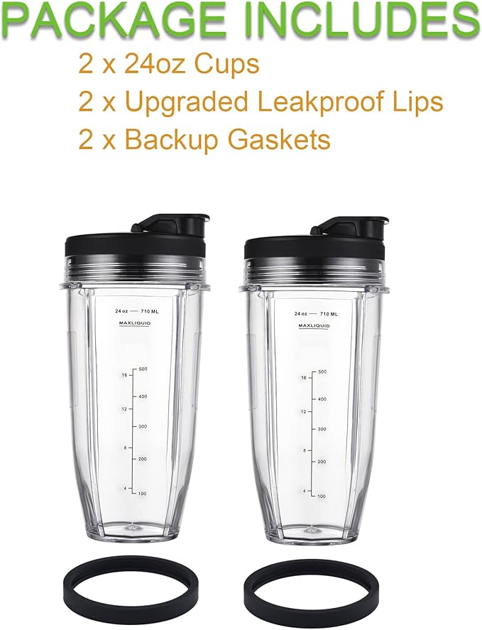 Replacement 24oz Cups for Nutri Ninja Blenders, Blender Replacement Parts with Upgraded Lid for BL450 BL454 BL480 BL482 BL640 BL642 BL682 BN801 SS101 SS351 SS401, Ninja Blender Auto IQ Blade, 2 Packs