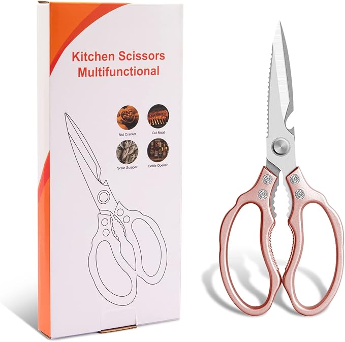 CGBE Kitchen Scissors, Multi-Purpose Kitchen Shears, Heavy Duty Dishwasher Safe Food Scissors for Chicken, Poultry, Fish, Meat & Herbs with Non-Slip Grips - Rosegold